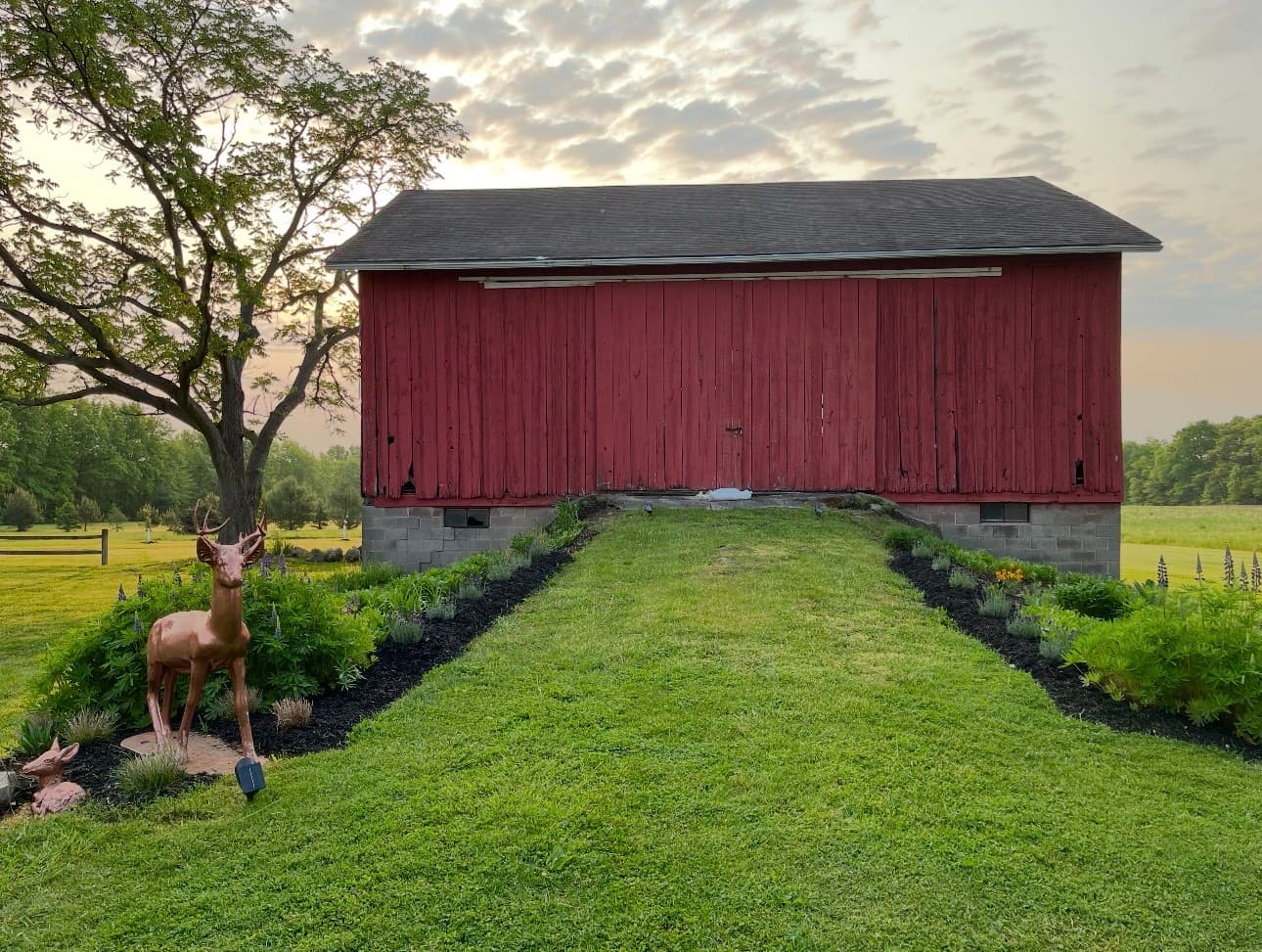 Weathered red barn long wall with grassy ramp before metal siding